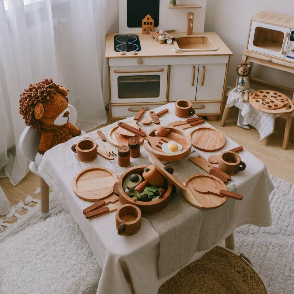 Wooden Play Kitchen Dishes Set for Imaginative Toddler Pretend Play