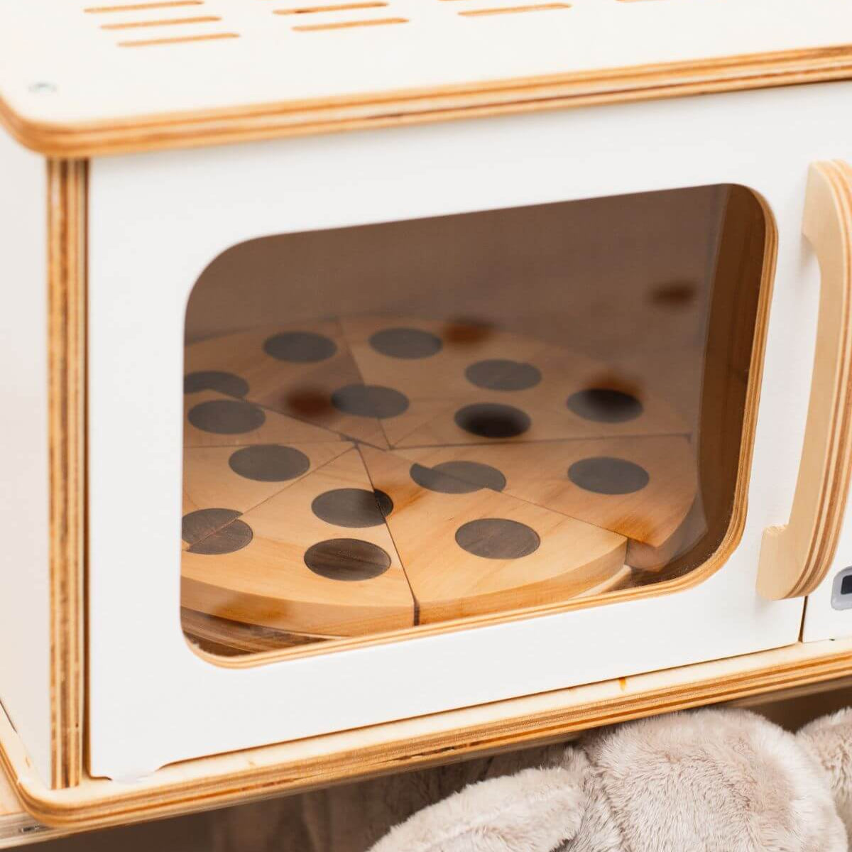 Minimalist Wooden Microwave Toy in Light-Wood and White