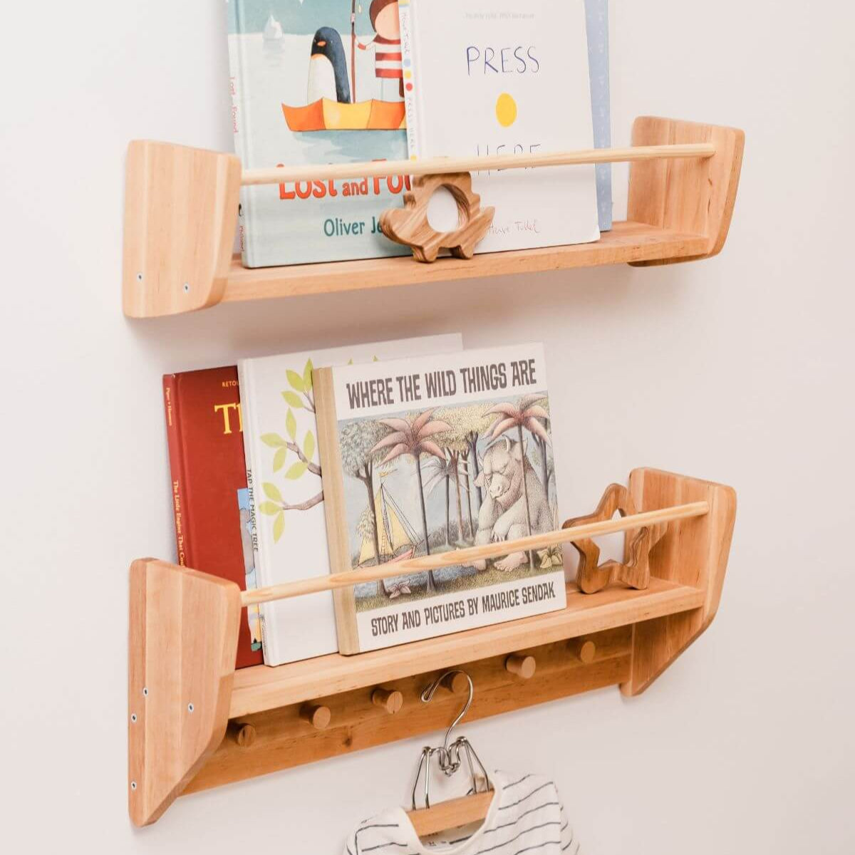 Nursery Wall Shelf with Hooks - Space-Saving Storage