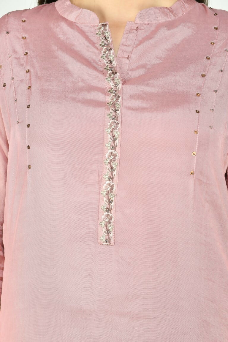 Rose Gold Maslin Kurta Set with Organza Dupatta