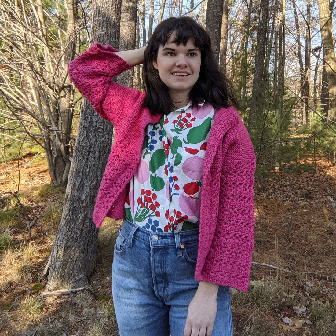 Close up of the textured cabbage patch stitch on the hand-crocheted Kimchi Cardigan