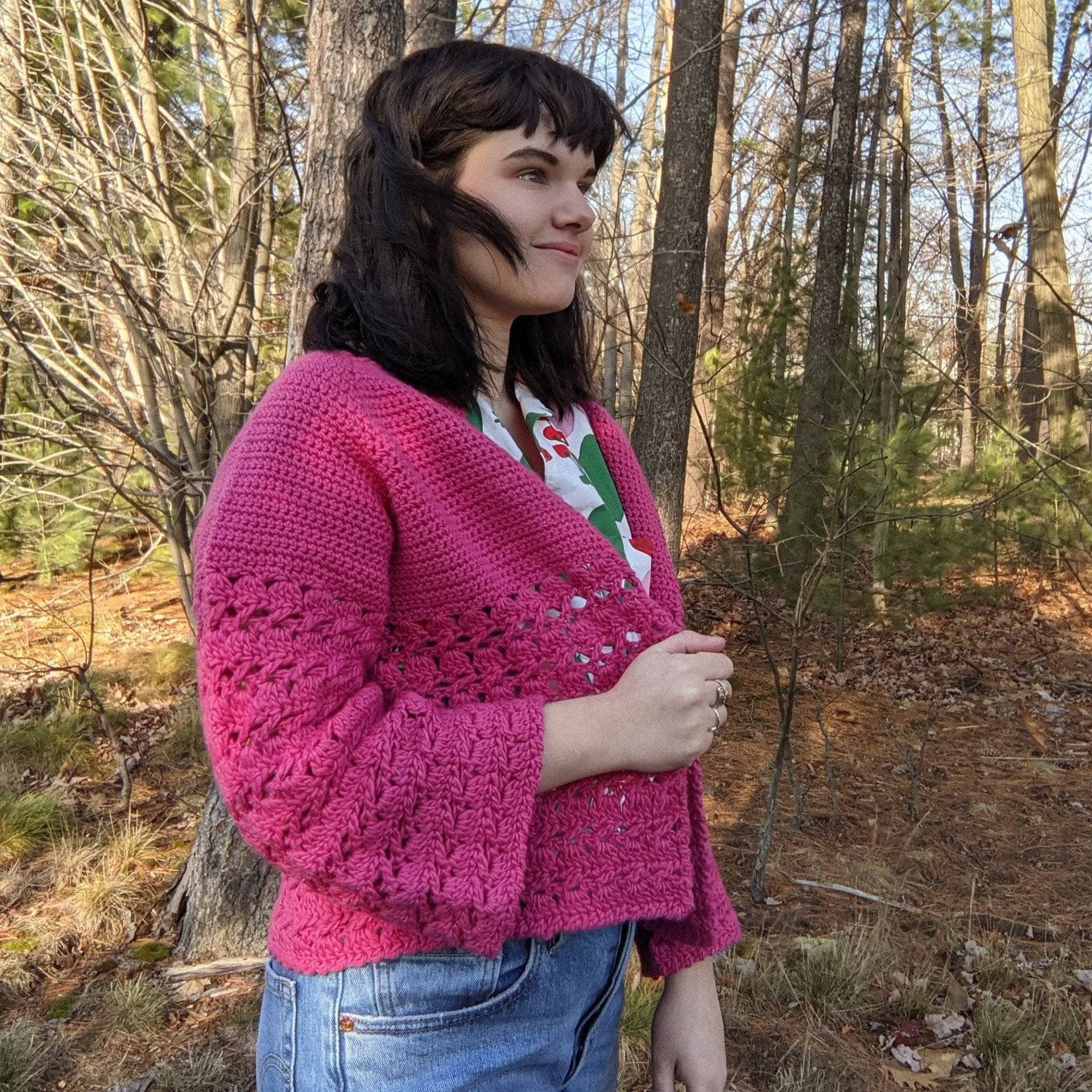Kimchi Crochet Cardigan: Vibrant Magenta Bohemian Cropped Top