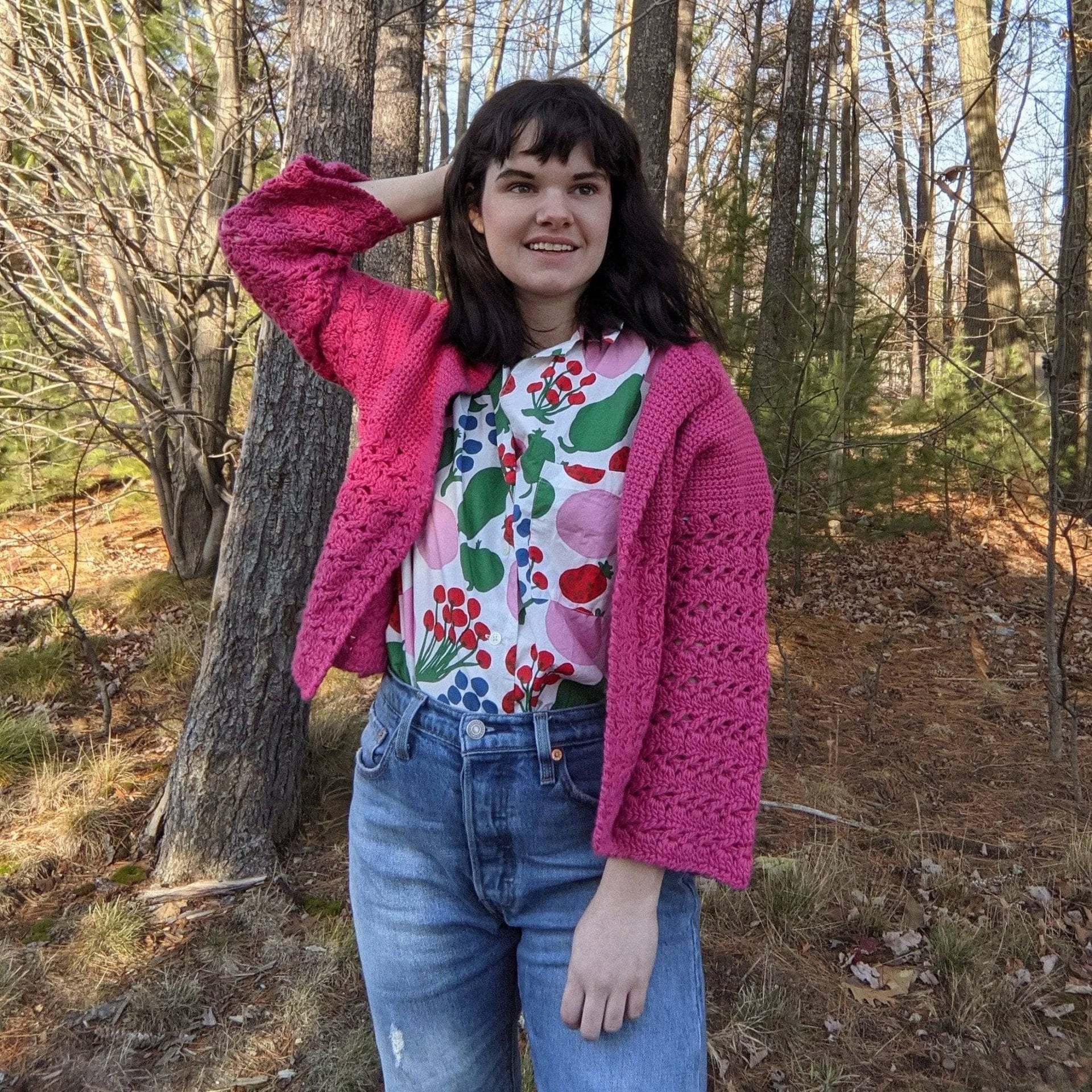 Kimchi Crochet Cardigan: Vibrant Magenta Bohemian Cropped Top