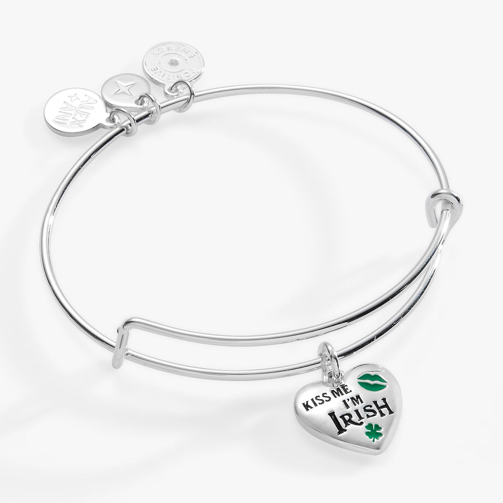 Kiss Me I’m Irish charm bangle with green enamel clover detail and festive lettering.