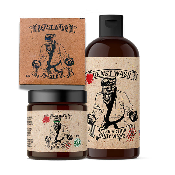 After Action Recovery Kit containing Beast Wash body wash, Beast Bar soap, and Beast Balm jars on a black surface.