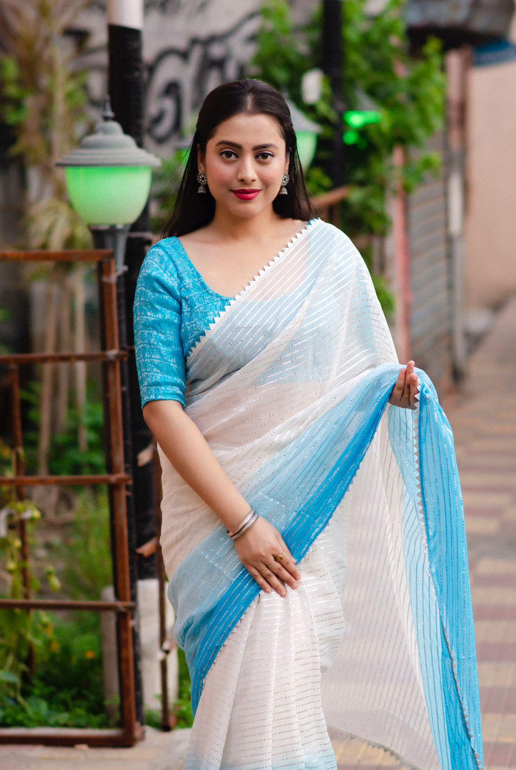 Blue Poly Chiffon Striped Saree with Tie & Dye Blouse
