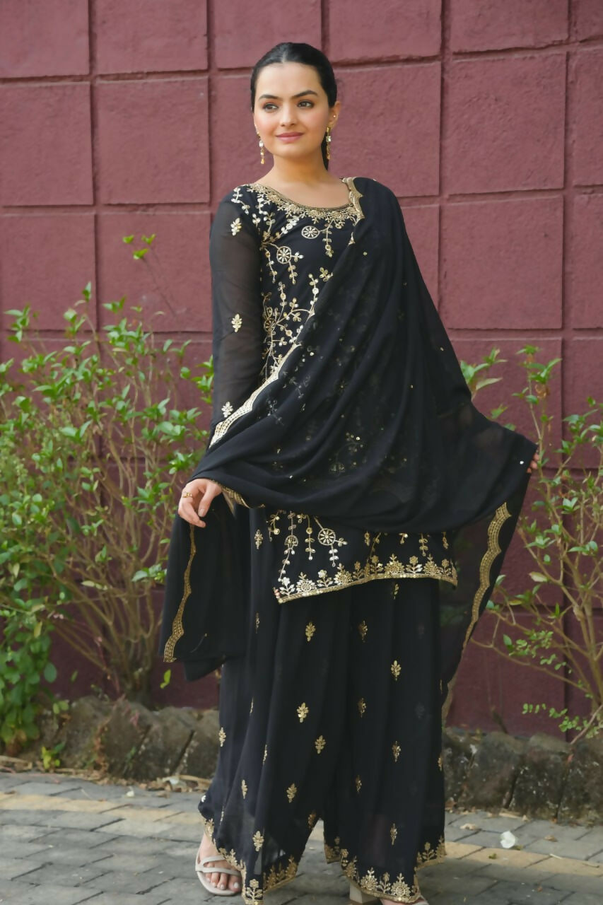 Black Georgette Embroidered Sharara Set - Sophisticated Ethnic Wear