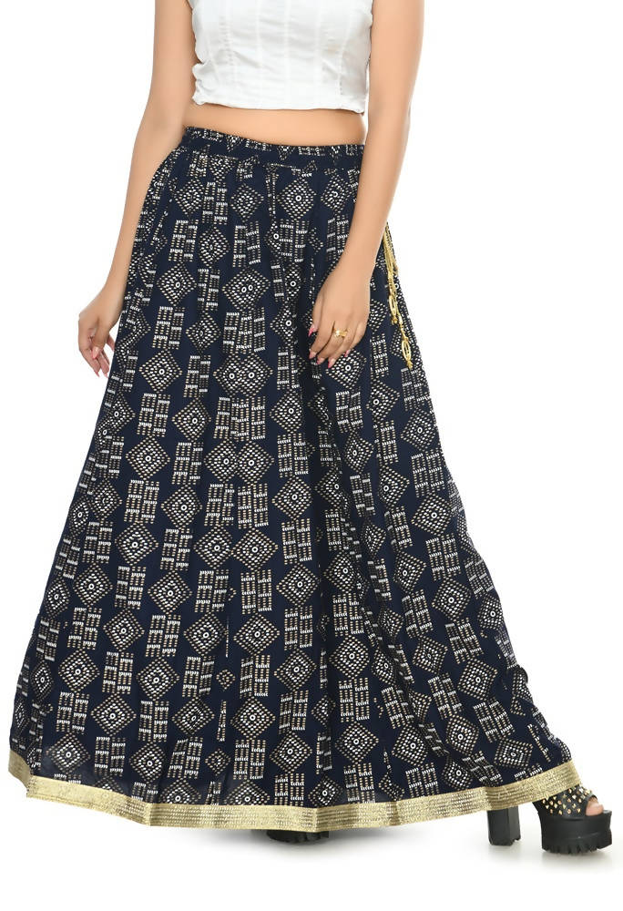 Moeza navy blue cotton printed lehenga with string closure