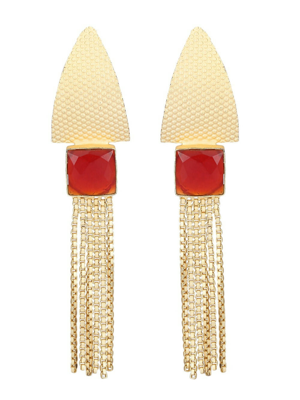 Long Matte Gold Dangle Earrings with Red Stone