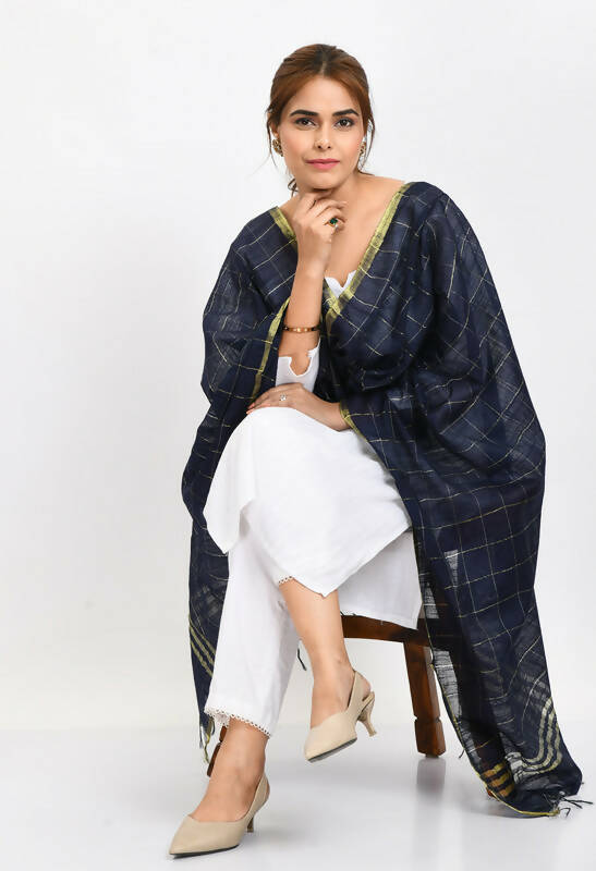Navy Blue Cotton Zari Box Pattern Dupatta