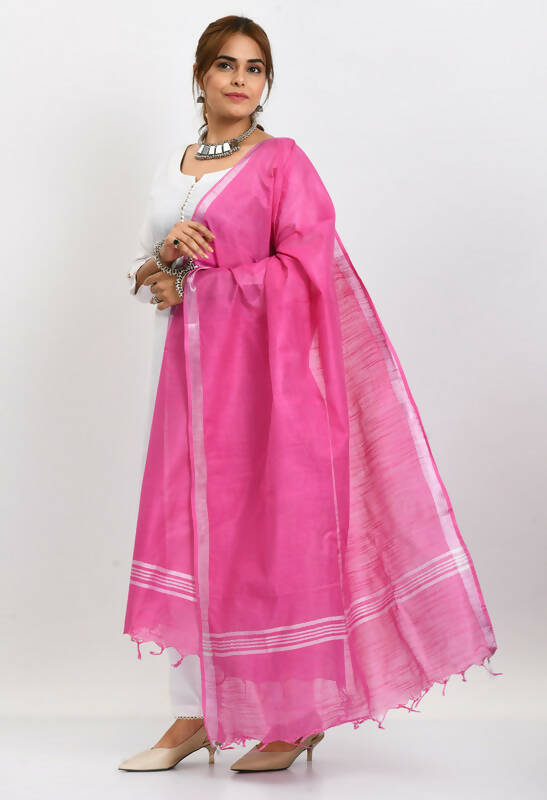 Dark Pink Linen Cotton Dupatta with Silver Border