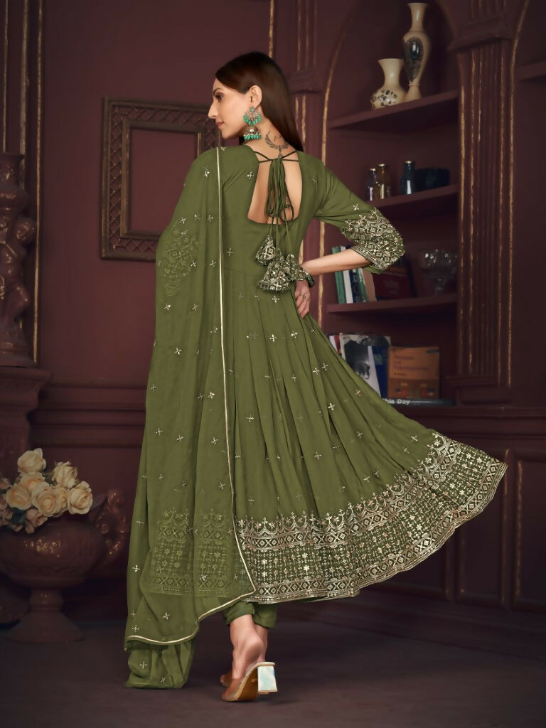 Women's Olive Green Georgette Embroidered Anarkali Kurta Pant Set