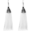 White silk tassel drop earrings with traditional Indian design