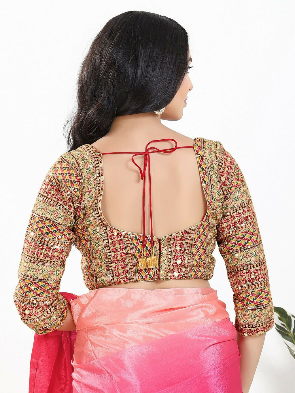 Joban Fashion Pink Multi Silk Padded Blouse With Sweetheart Neck 3/4 Sleeves