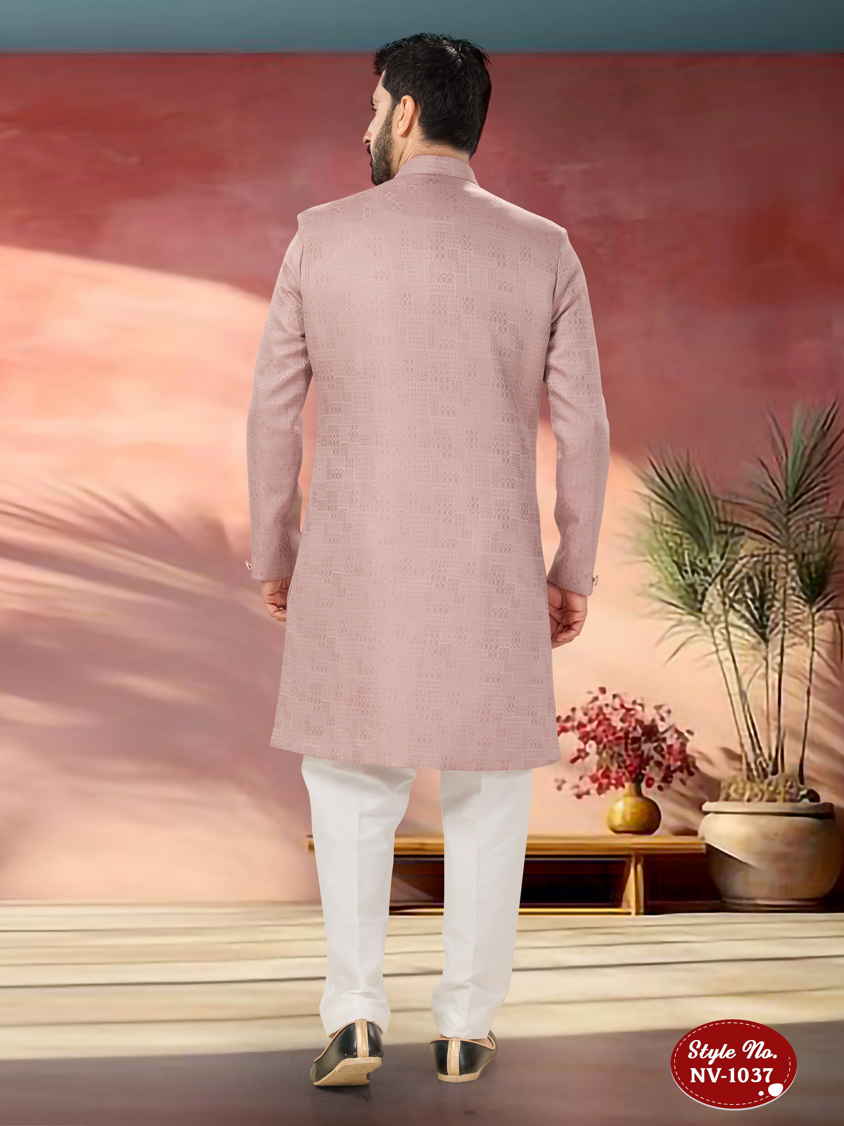 Men's Pink Straight Indo-Western Kurta Set in Self-Design Fabric