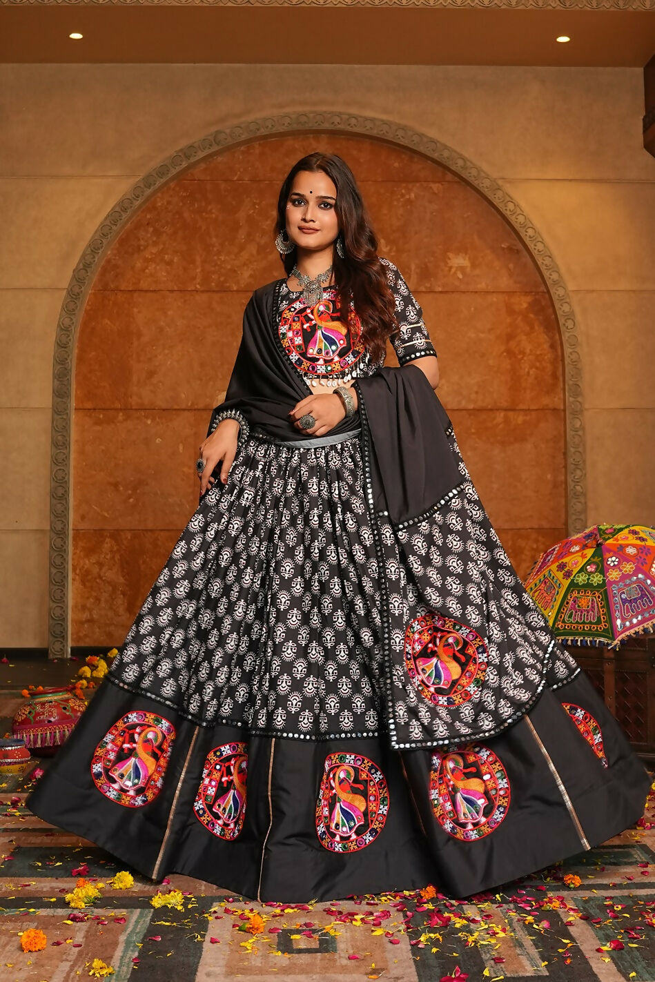 All-Black Designer Navratri Lehenga Choli in Crepe Fabric