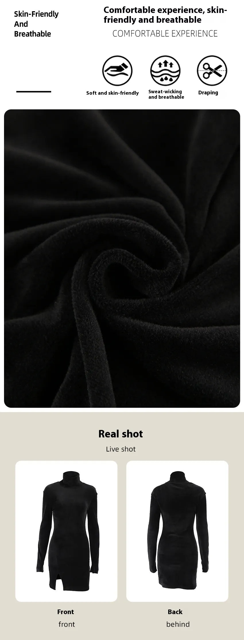 Women's Velvet Turtleneck Long Sleeve Mini Dress with Side Slit - Image 2