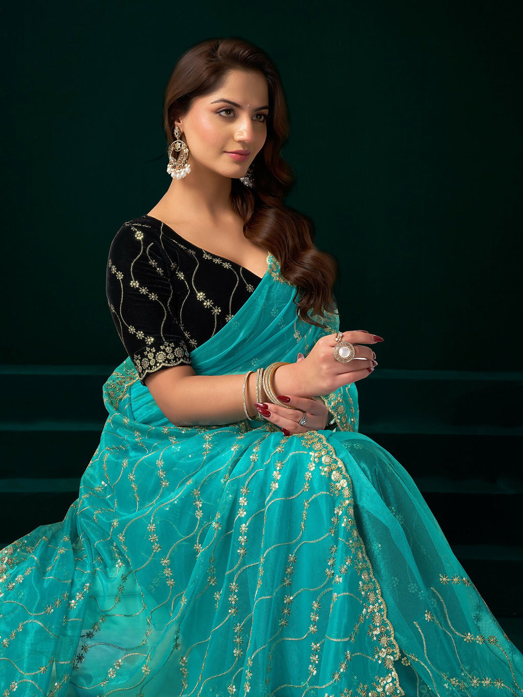 Turquoise Net Party Wear Saree with Black Velvet Blouse