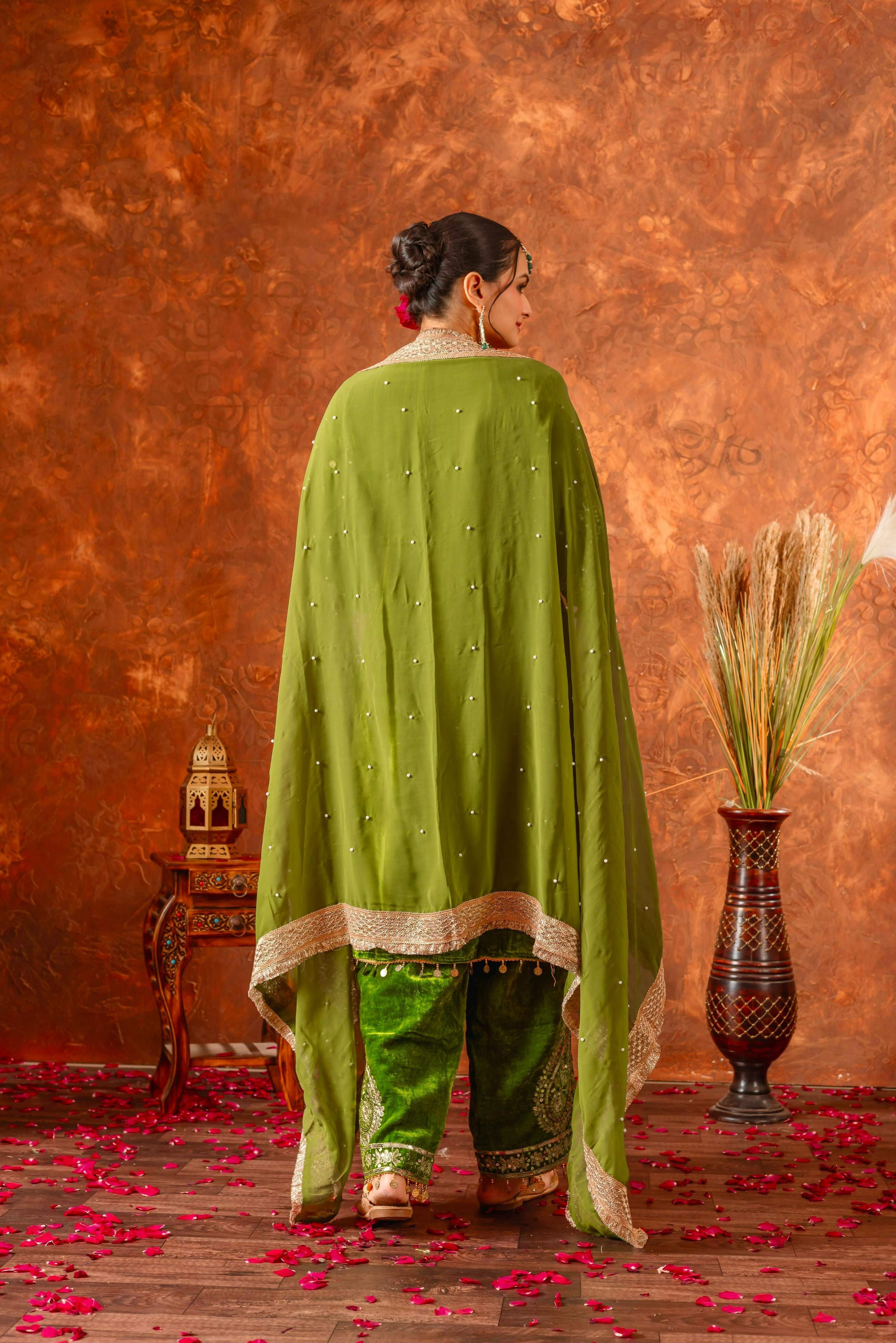 Olive Green Velvet Embroidered Kurta Set for Women