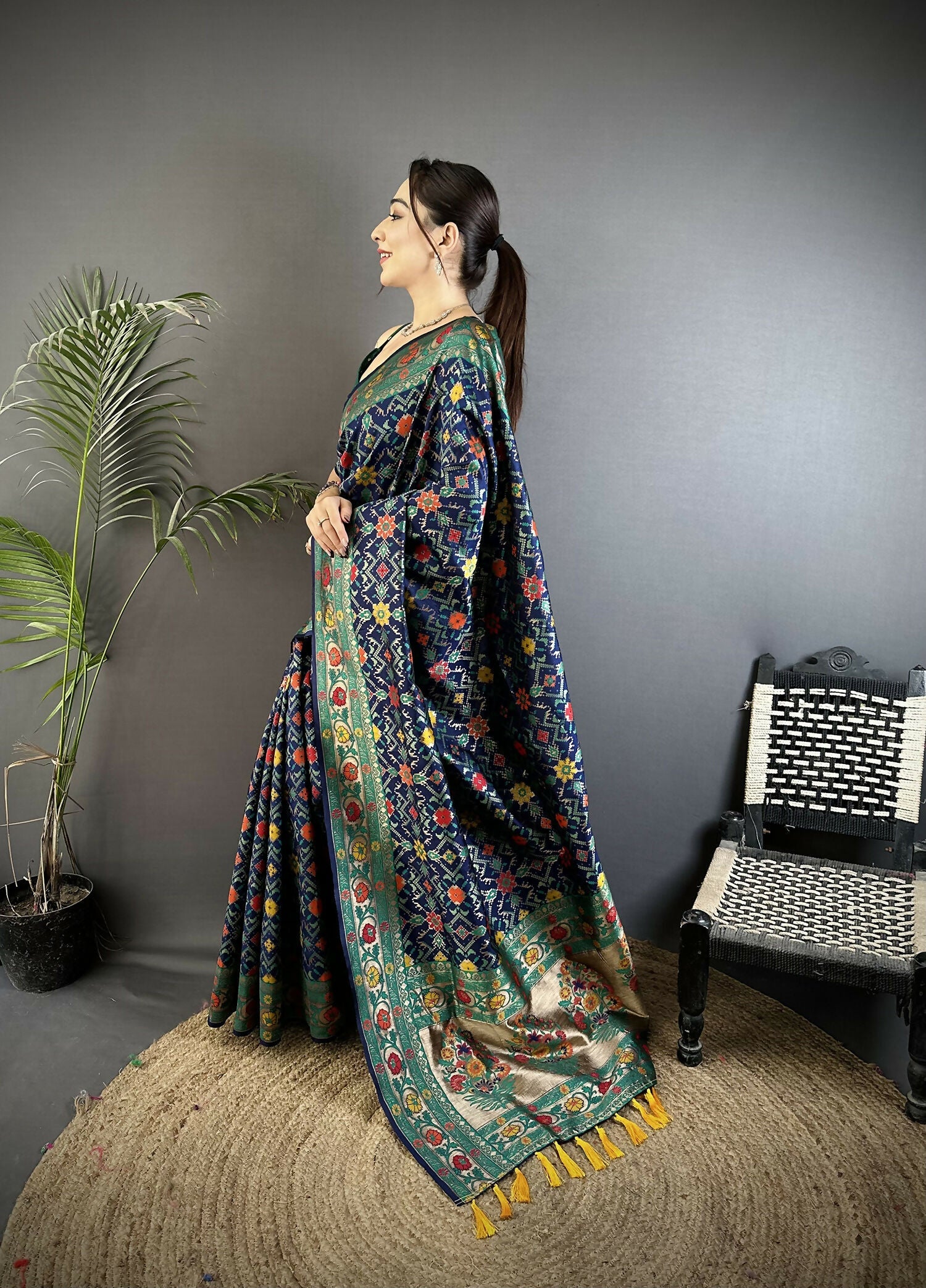 Navy Blue Banarasi Soft Silk Woven Saree with Matching Blouse