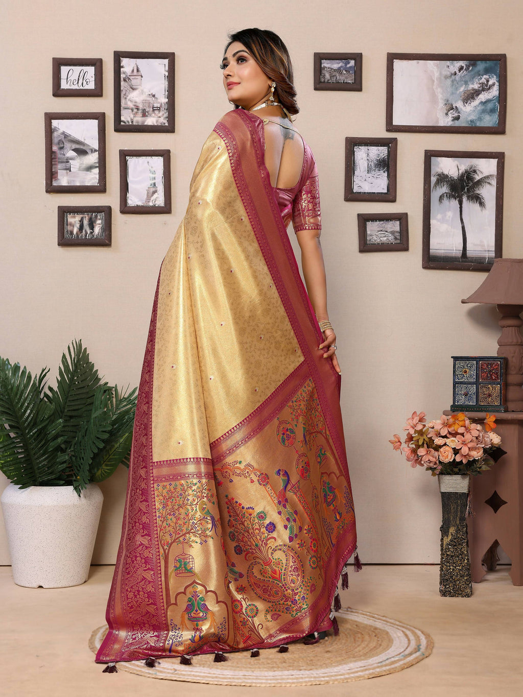 Cream Tissue Silk Saree with Traditional Weaving Details