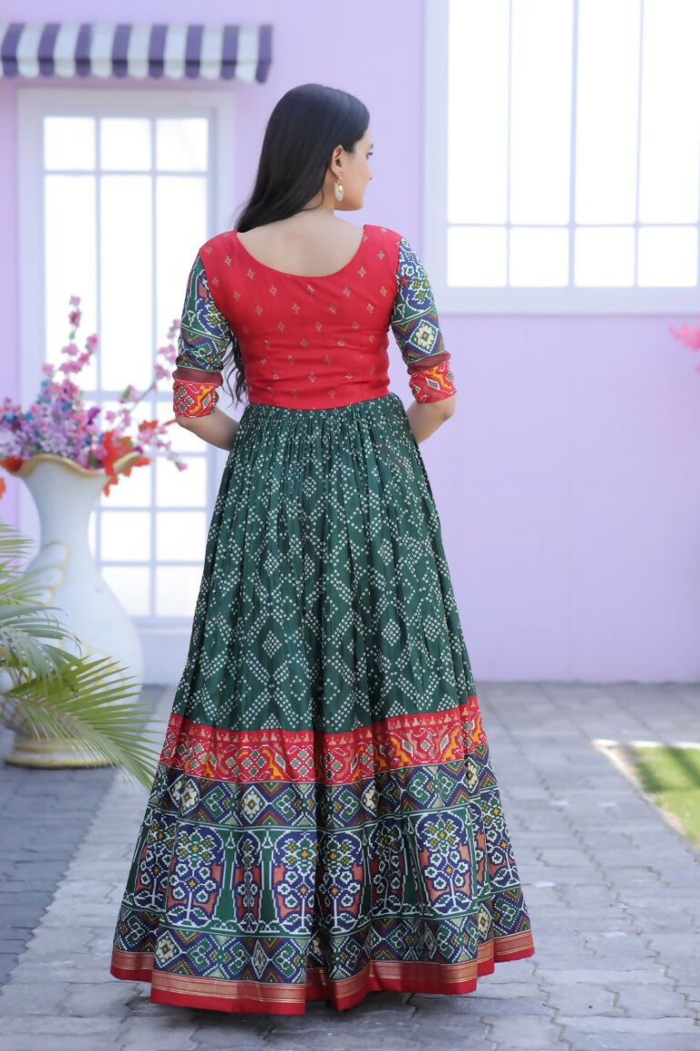 Bottle Green Dola Silk Anarkali with Patola and Foil Print