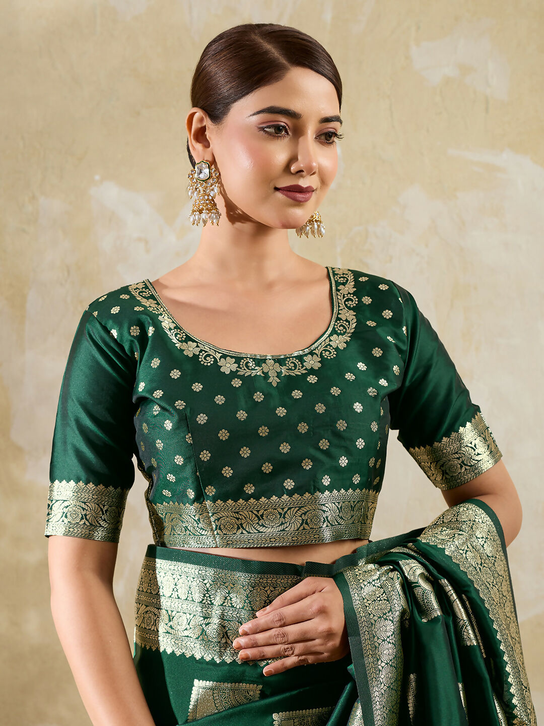 Dark Green Silk Blend Saree with Coordinating Blouse
