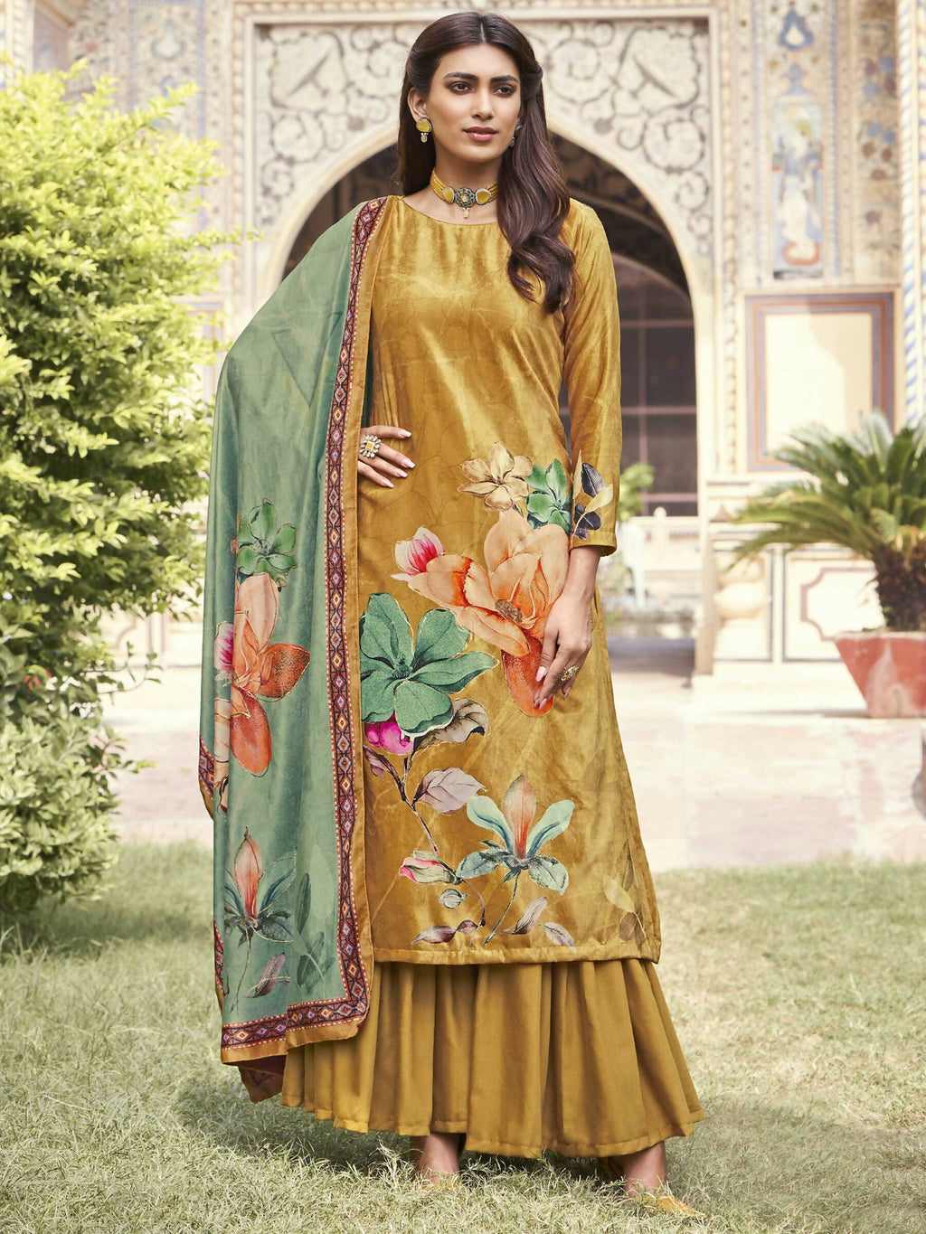 Mustard velvet A-line kurta featuring floral digital print with palazzo pants and dupatta