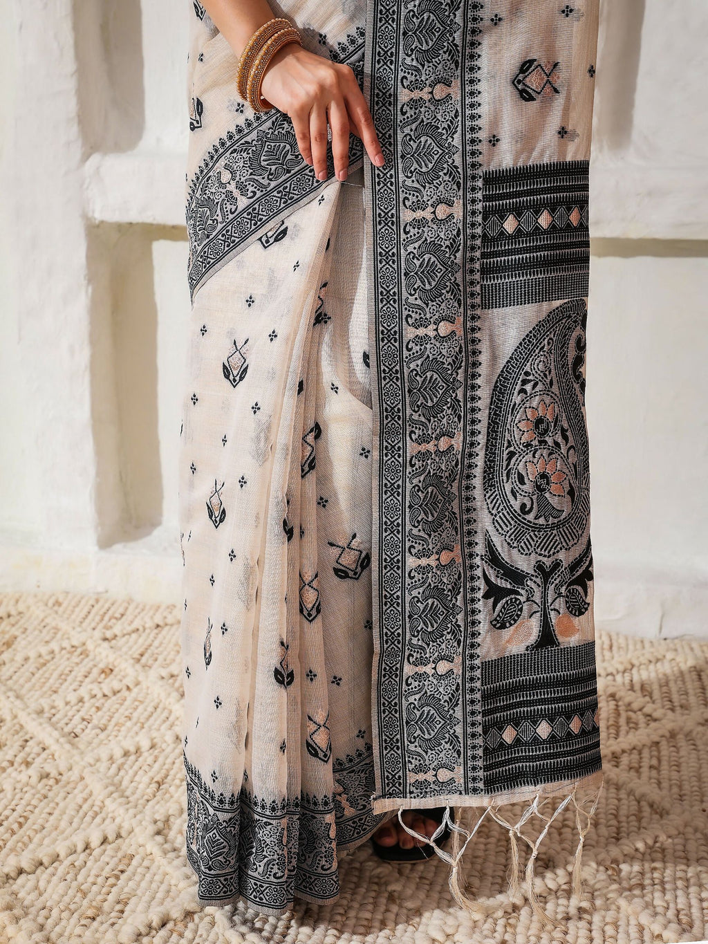 Black and Cream Linen Cotton Saree with Matching Blouse