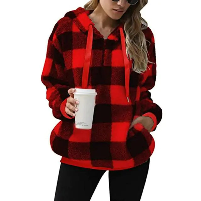 Women's Plush Hoodie with Drawstring - Cozy Comfort