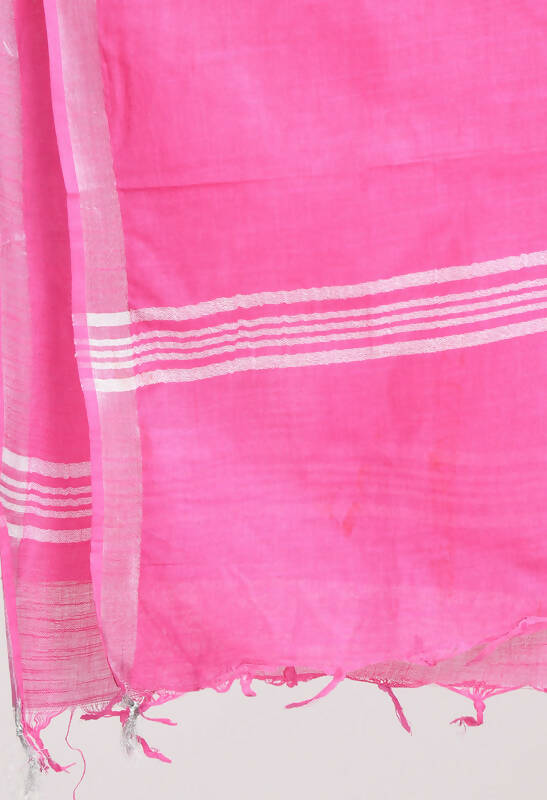 Dark Pink Linen Cotton Dupatta with Silver Border