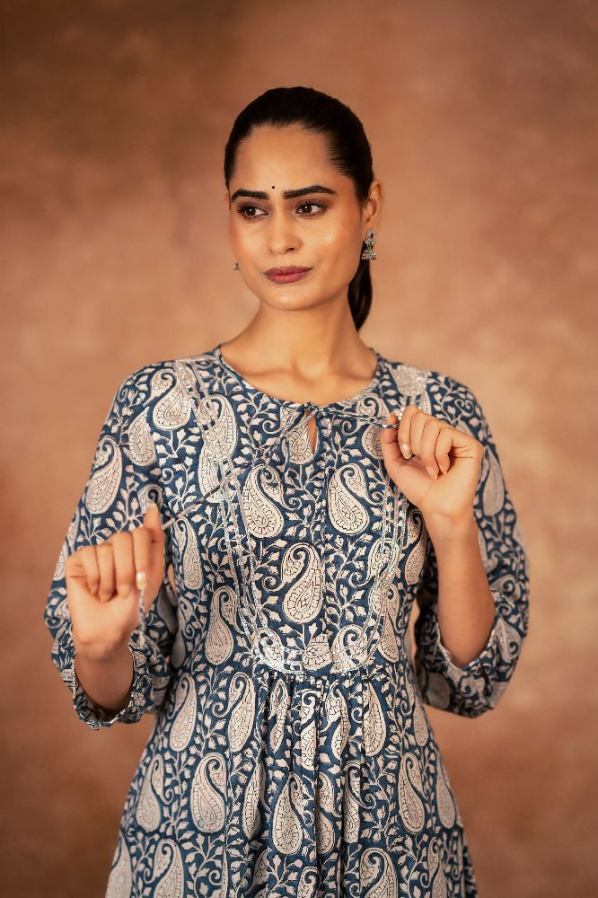 Blue Floral Hand Block Printed Cotton Kurta Pant Set