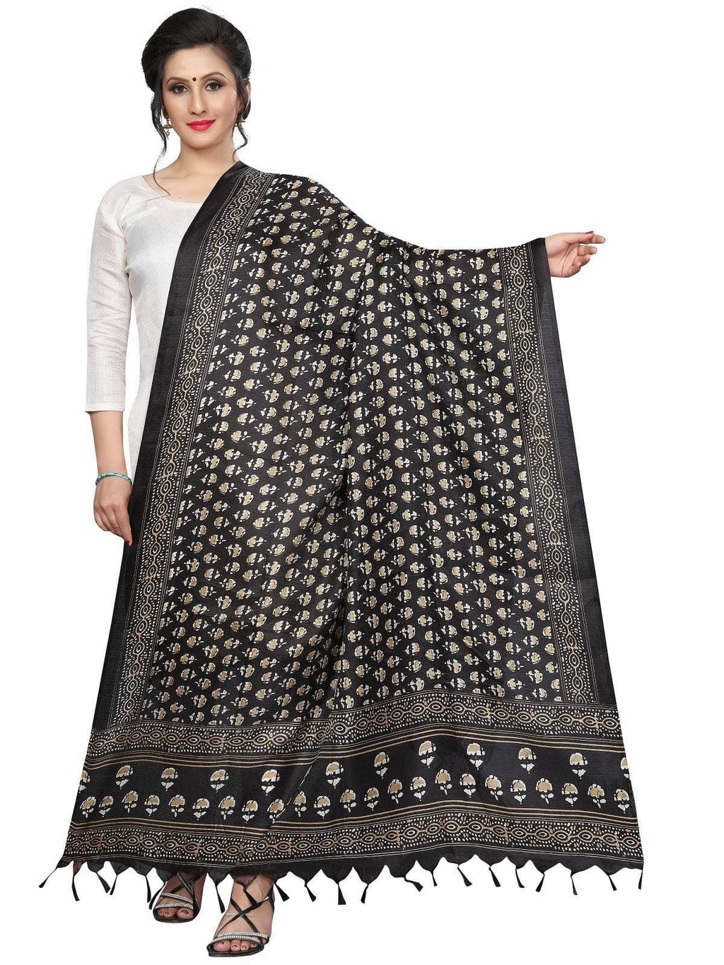 Girls Black Printed Khadi Bhagalpuri Dupatta for Special Occasions