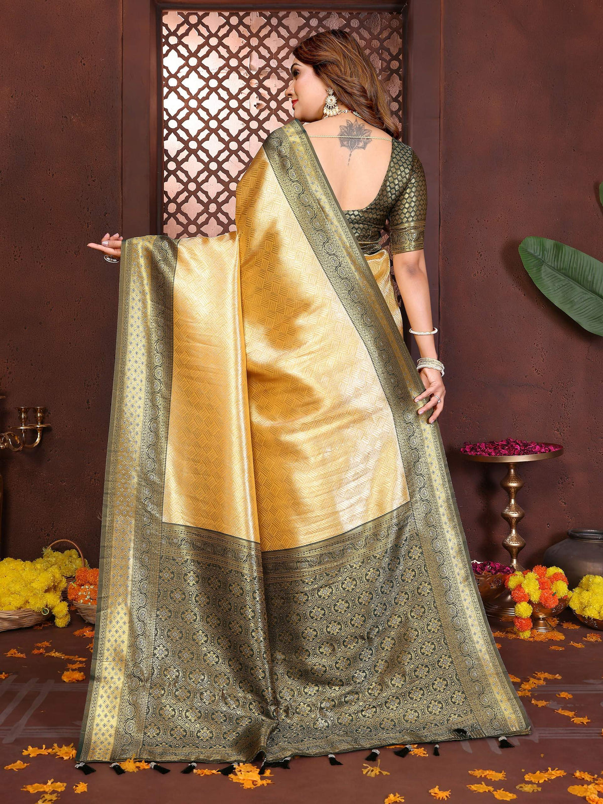 Cream Tissue Silk Woven Saree with Elegant Traditional Drape