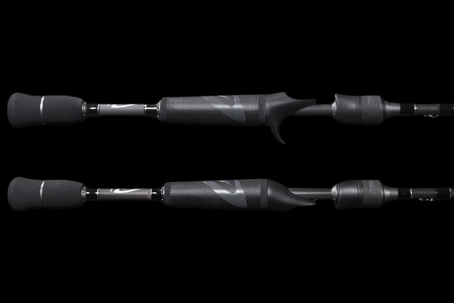 Close up of two Kovert Series casting fishing rod handles with textured grips on a black background.