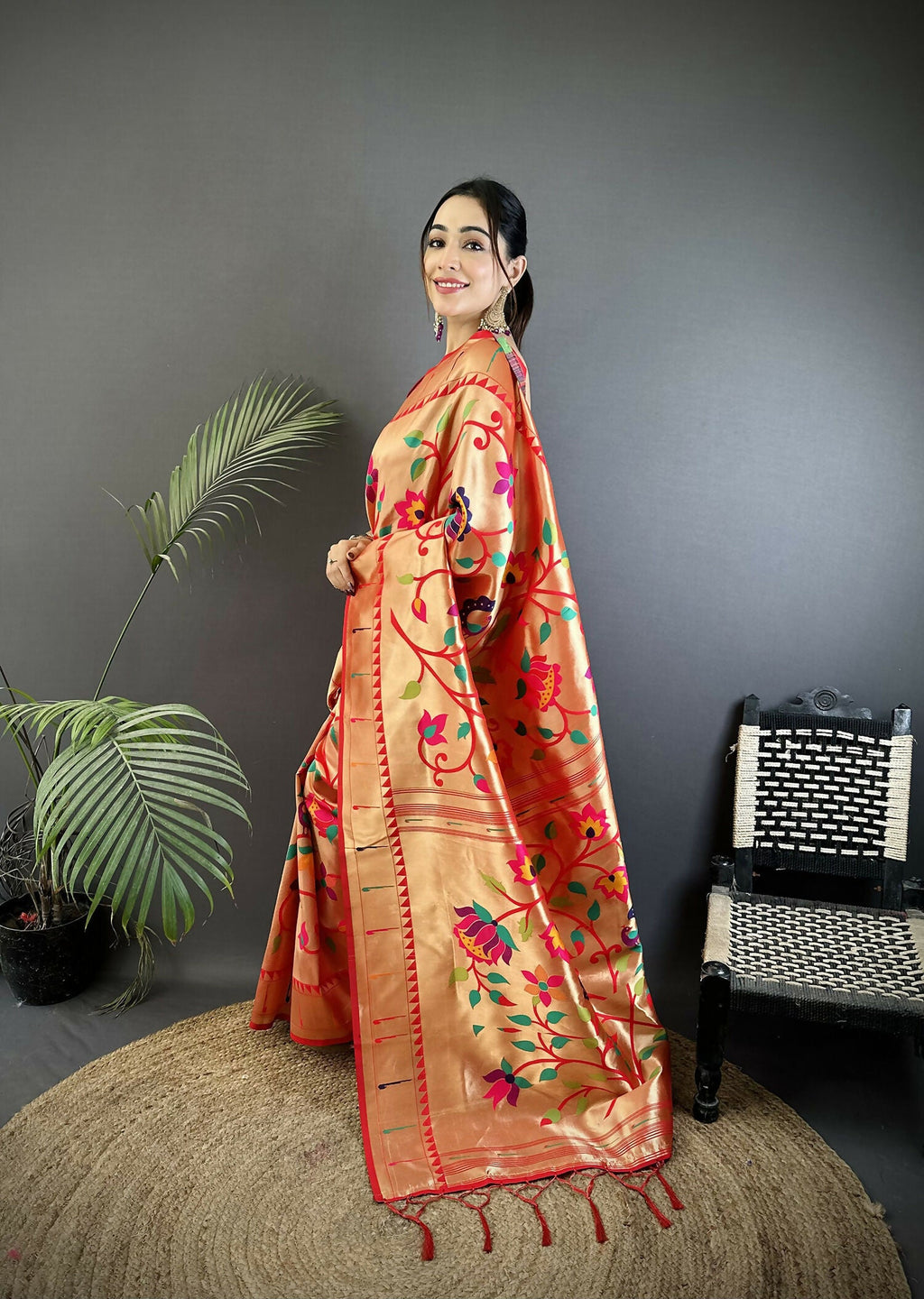 Reddish Pink Soft Silk Paithani Saree with Floral and Leaf Motifs