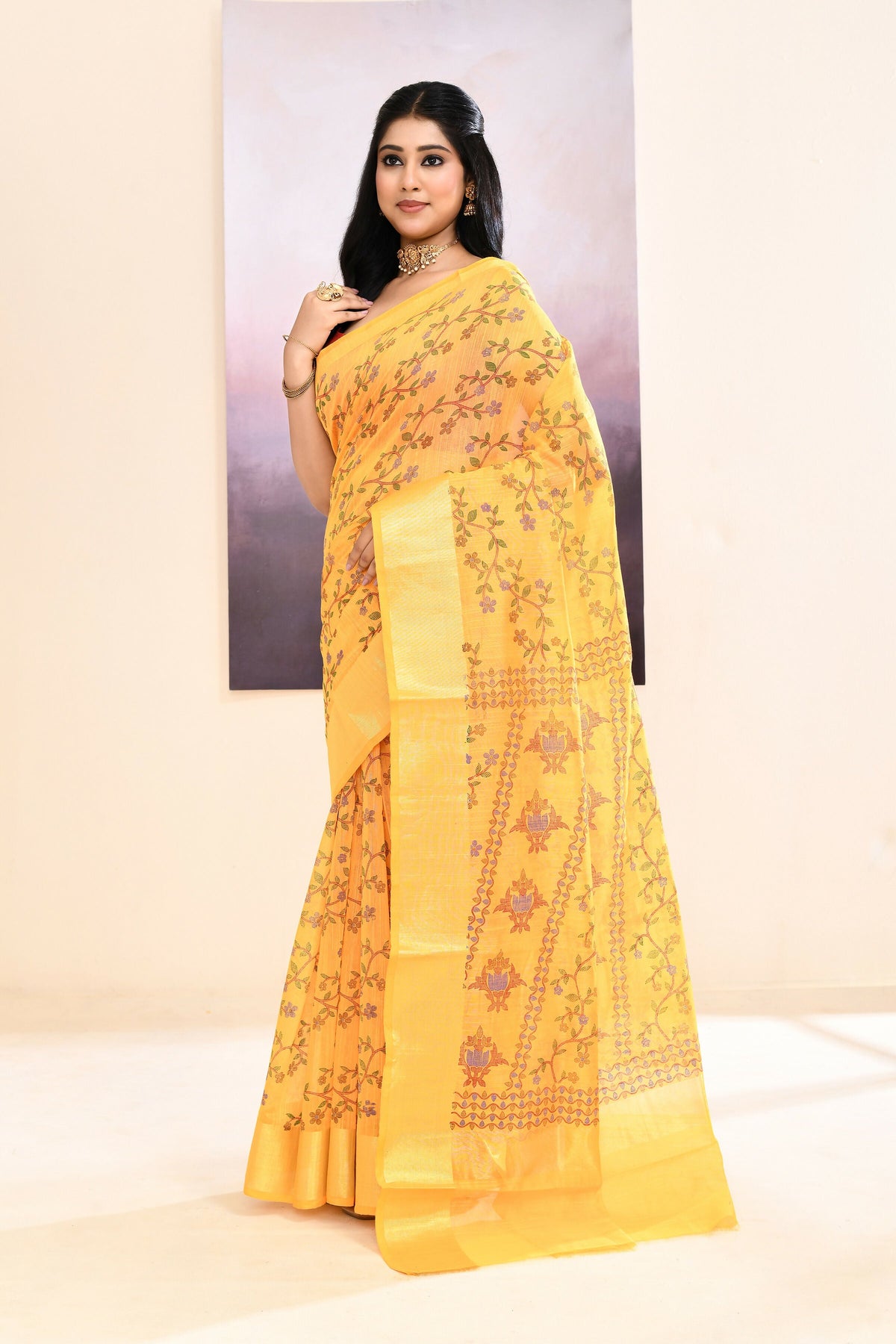 Yellow Printed Cotton Blend Saree with Embellished Details