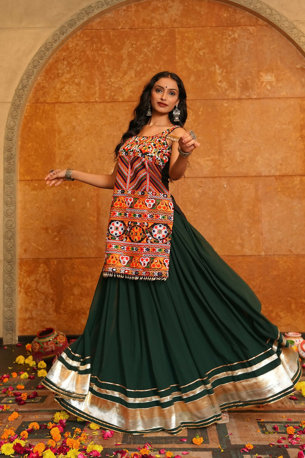 Green Georgette Designer Navratri Lehenga Choli with Multi Blouse