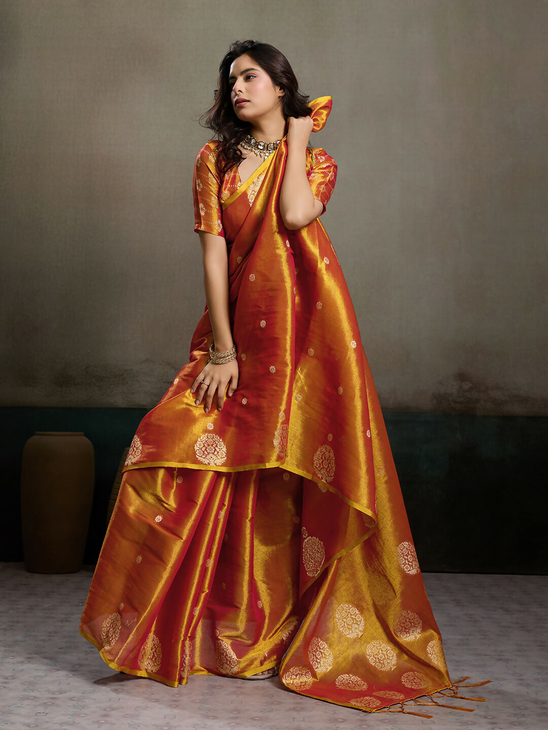 Orange Tissue Silk Saree with Matching Blouse Piece