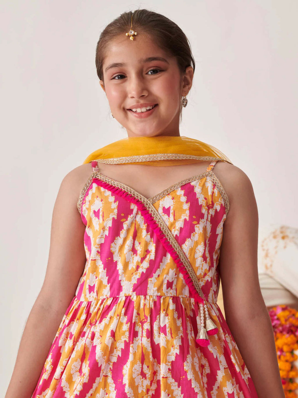 Girl's Pink and Yellow Georgette Sharara Set with Net Dupatta