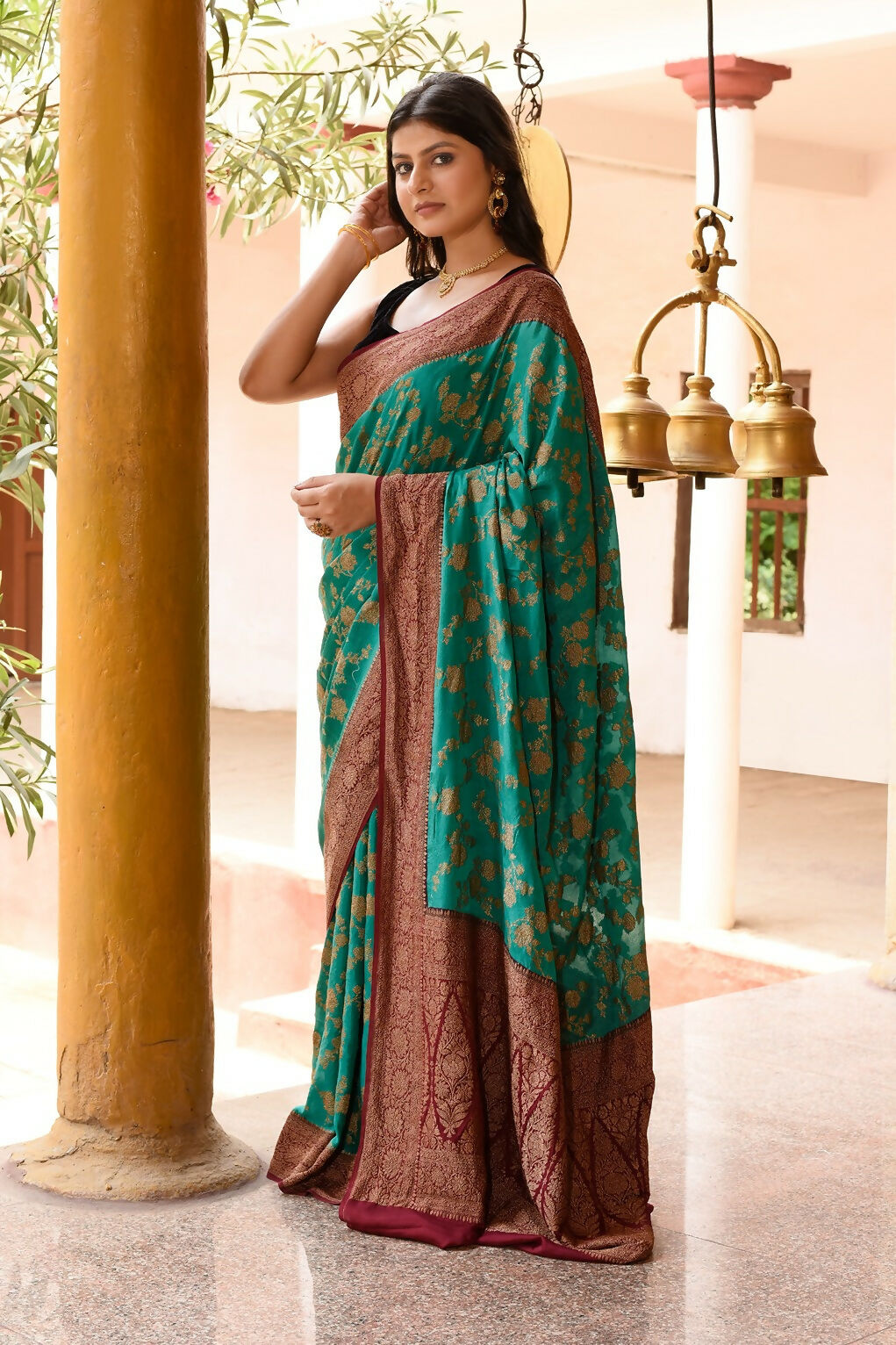 Teal Green Crepe Chiffon Handloom Banarasi Silk Saree
