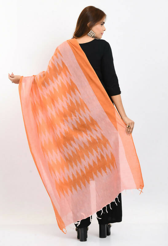 Women's Handloom Cotton Ikkat Dupatta in Vibrant Orange