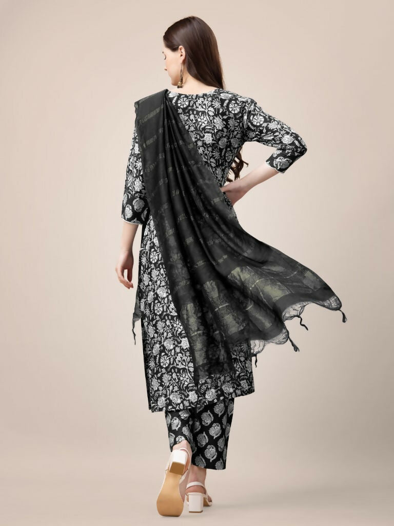 Women's Black Rayon Printed Kurta Set with Embroidery & Lace