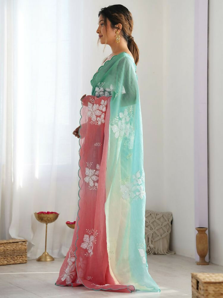 Rama Peach Gold Crush Embroidery Saree with Blouse