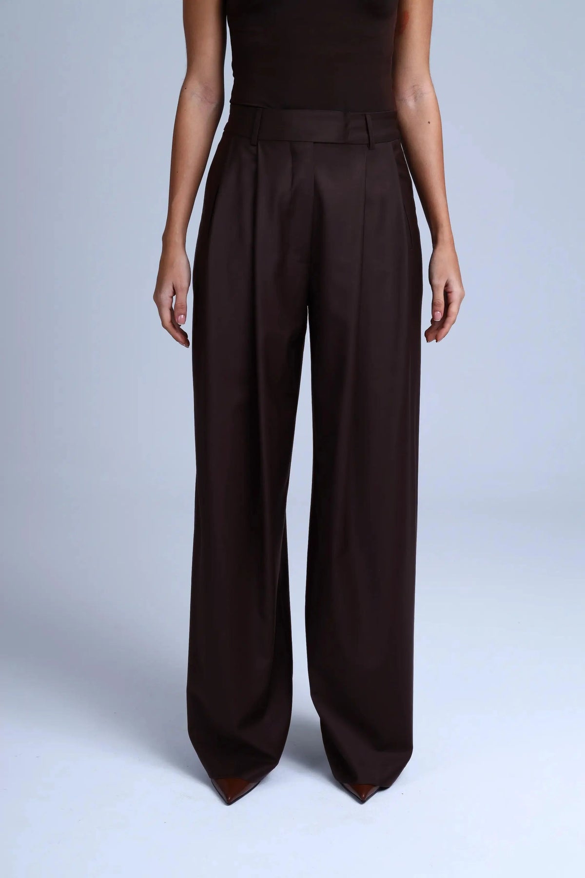 Brown Virgin Wool Pants Monica Wide-Leg in Dark Coffee