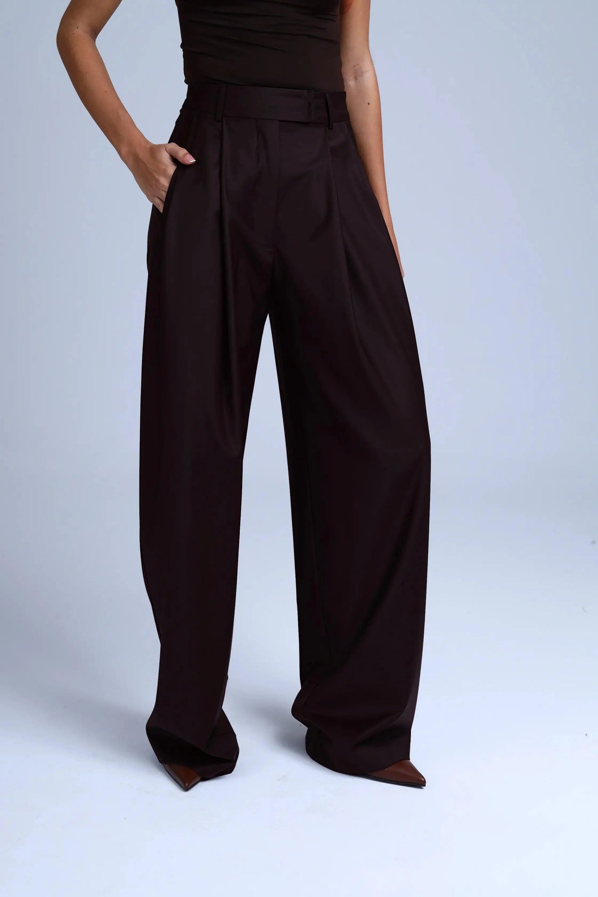 Brown Virgin Wool Pants Monica Wide-Leg in Dark Coffee