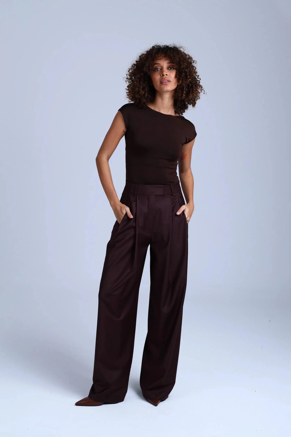 Brown Virgin Wool Pants Monica Wide-Leg in Dark Coffee