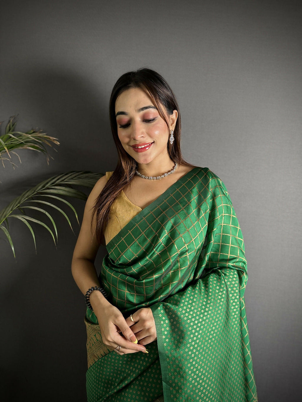 Emerald Green Banarasi Soft Lichi Silk Checks & Woven Saree