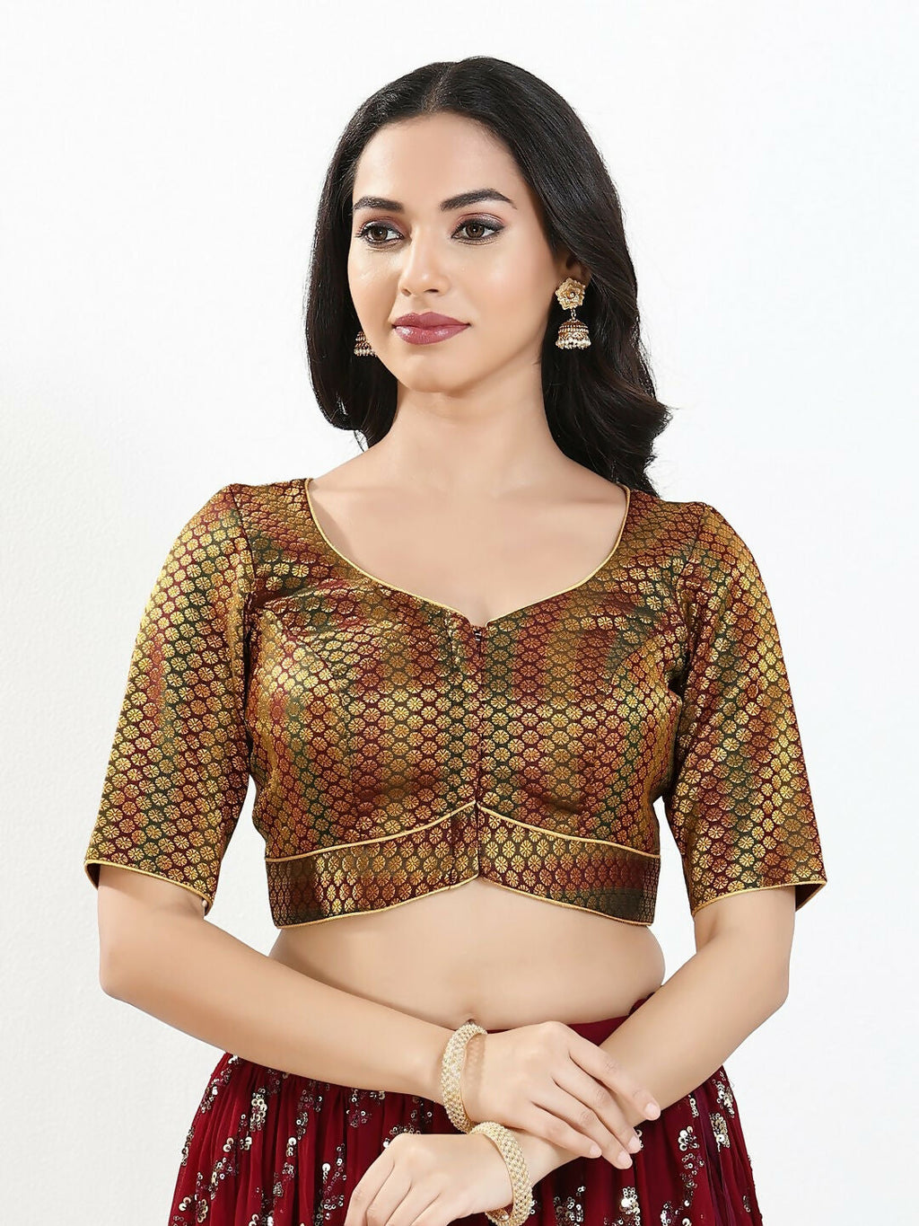 Dark Maroon brocade blouse with sweetheart neck and elbow sleeves