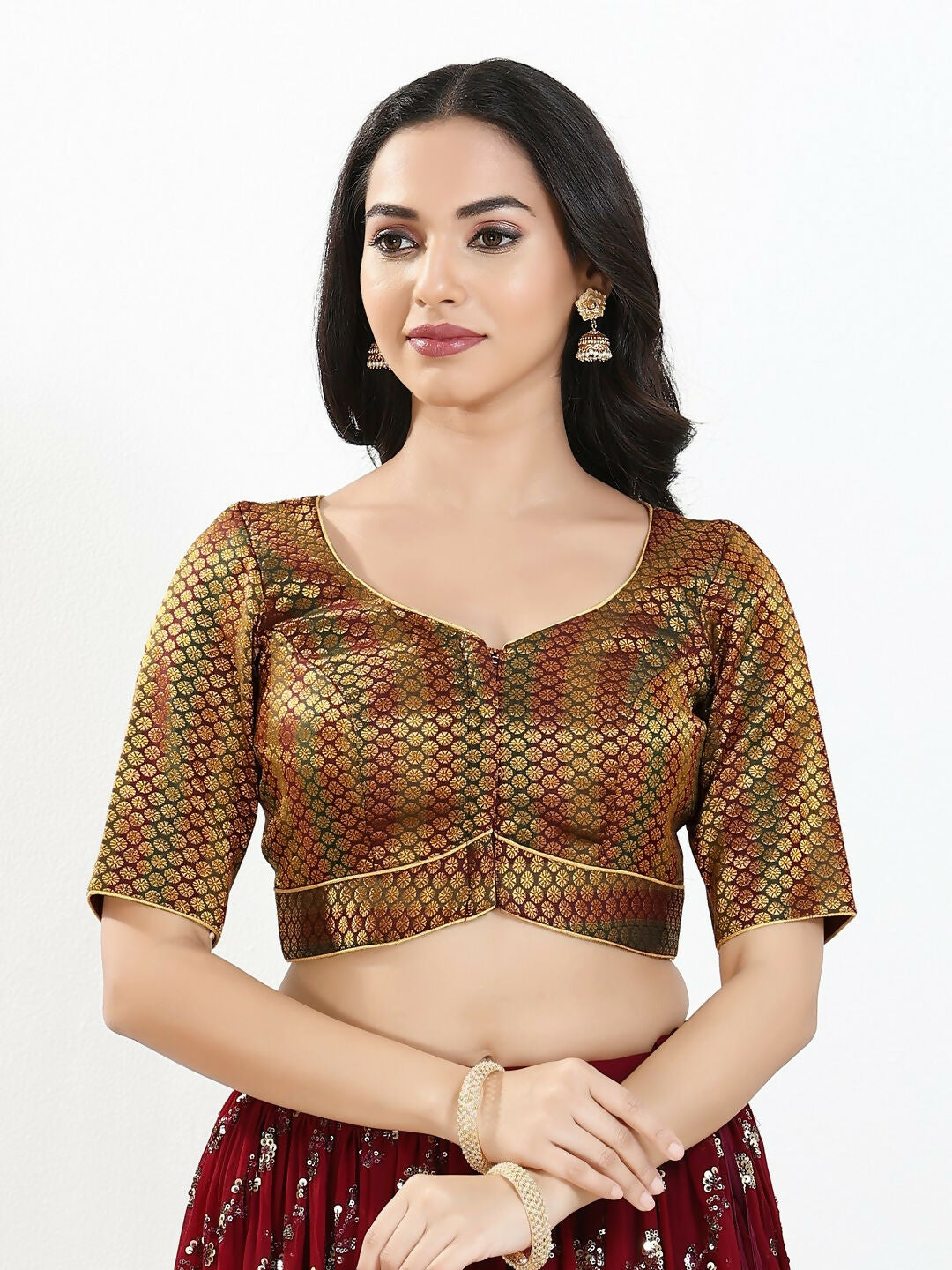 Dark Maroon brocade blouse with sweetheart neck and elbow sleeves